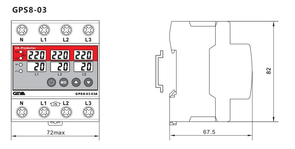 Geya GPS8-03 63A Three Phase Over/Under 230VAC Home Usage Dual Display Adjustable Digital Voltage Protector DIN Rail Mounted Low Voltage Protector